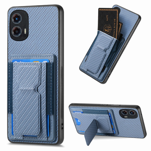 Moto G 5G 2024 Carbon Fiber Fold Stand Elastic Card Bag Phone Case - Blue